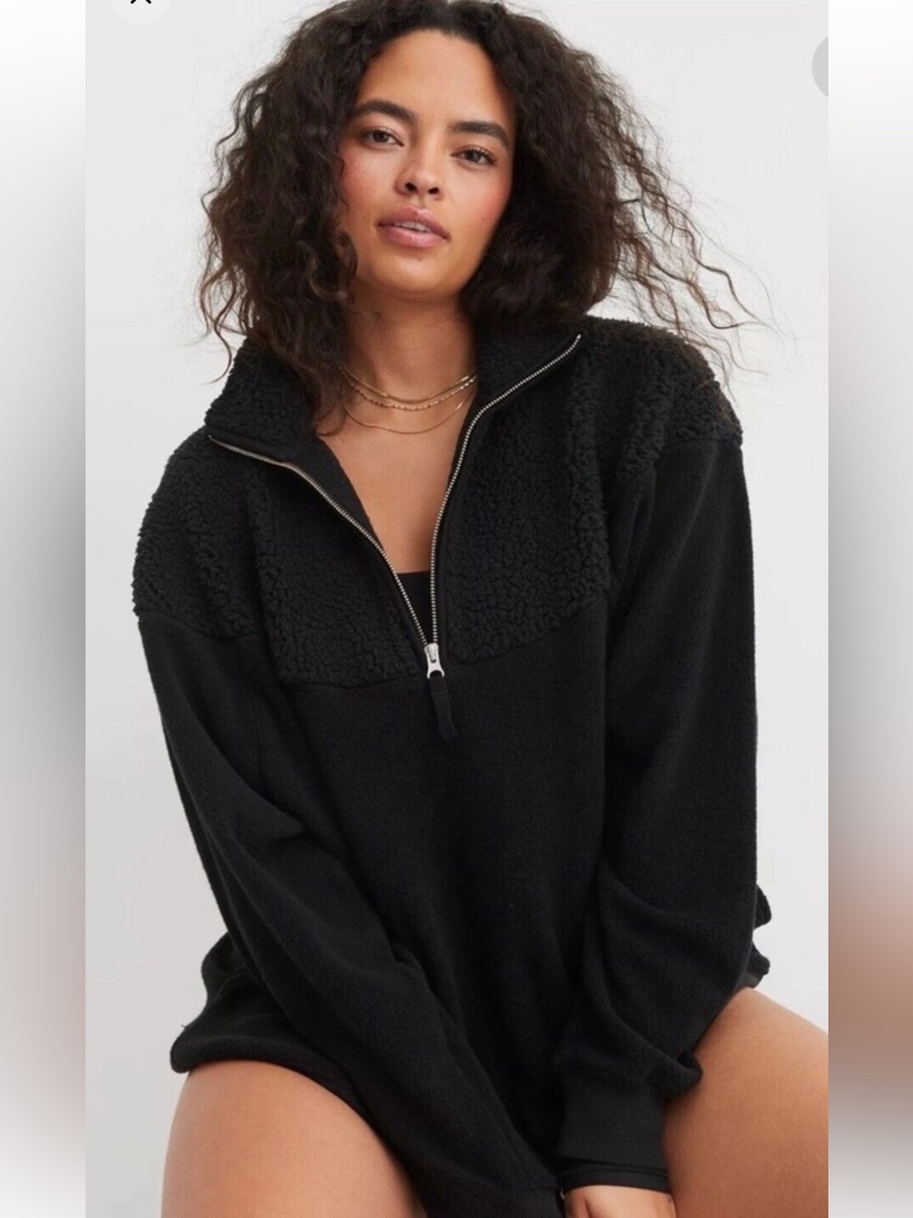 Aerie Hometown Holiday Quarter Zip Sweatshirt Black Sherpa Yoke SzXS PriceFirm